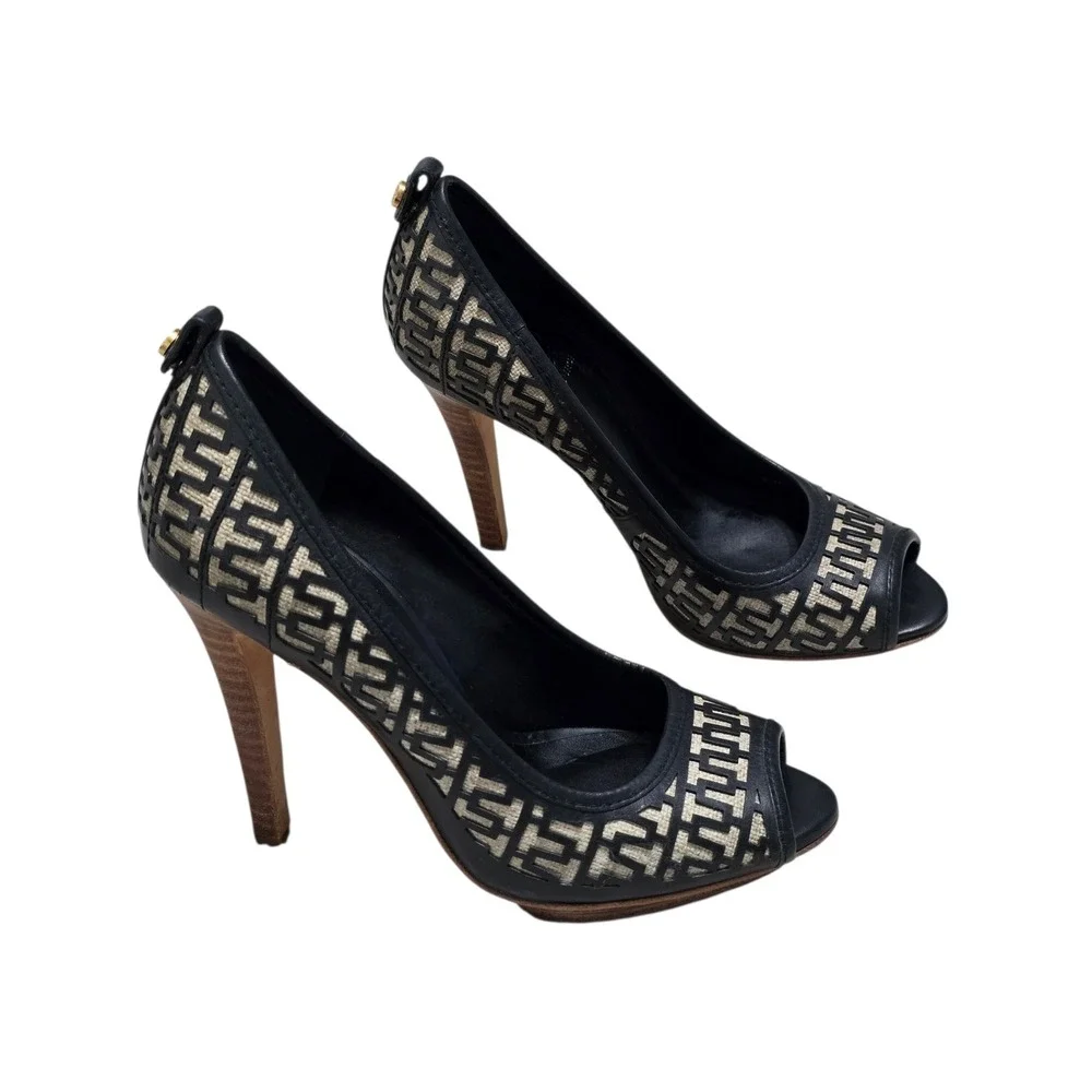Tory Burch Black Leather Logo Laser Cut Peep Toe Platform Pumps Heels 6.5M